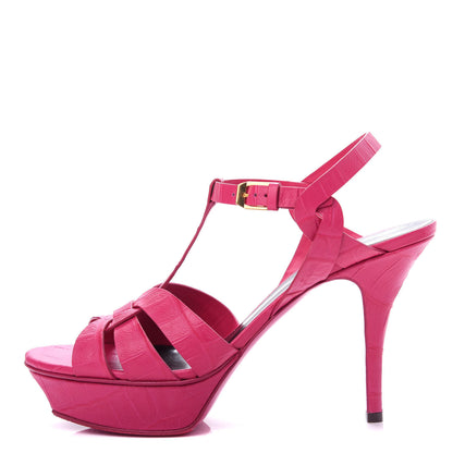 Saint Laurent Calfskin Crocodile Embossed Tribute 75 Platform Sandals 39 Bubblegum 1 of 11