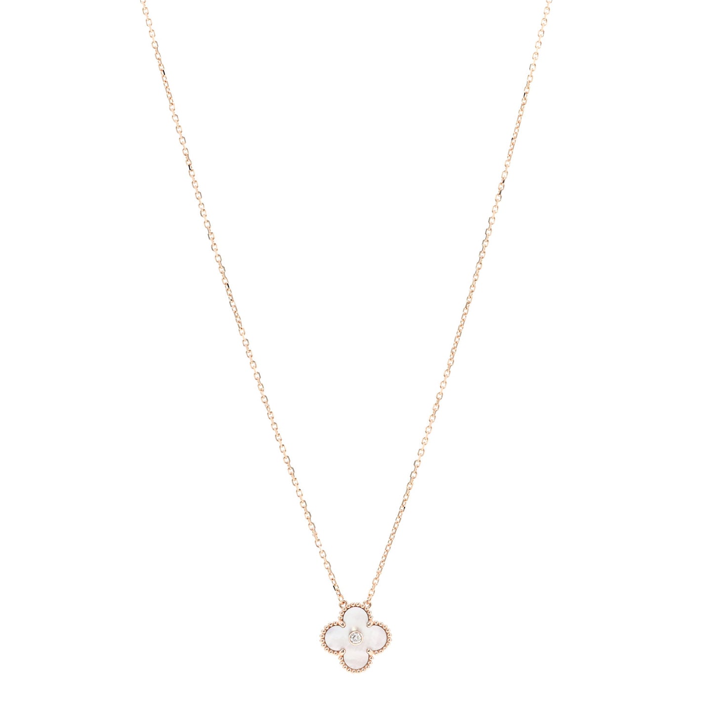 18K Rose Gold Diamond Pink Mother of Pearl Vintage Alhambra Pendant Necklace