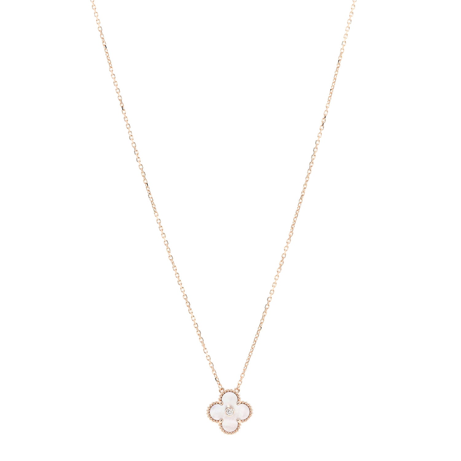 Van Cleef & Arpels 18K Rose Gold Diamond Pink Mother of Pearl Vintage Alhambra Pendant Necklace 1 of 8
