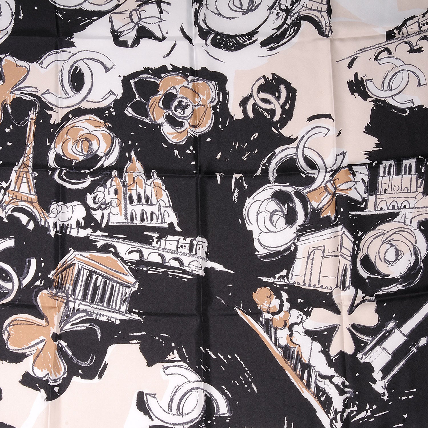 Chanel Silk Paris Scarf Black Beige 1 of 5
