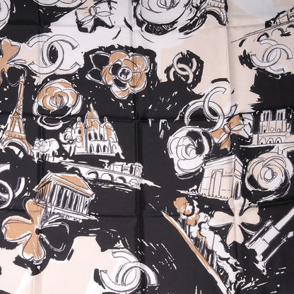 Chanel Silk Paris Scarf Black Beige 1 of 5