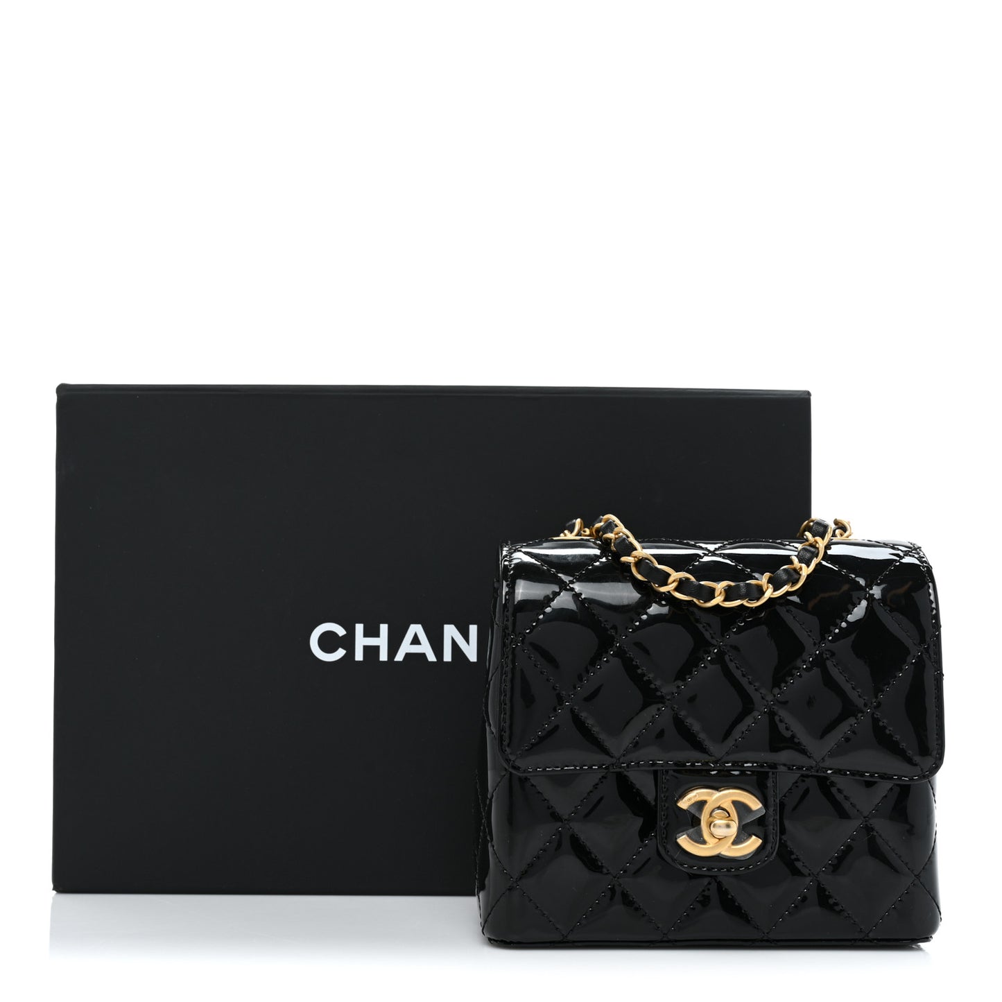 Patent Calfskin Quilted Mini Square Flap Black