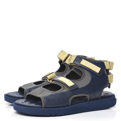 Chanel Goatskin Fabric Gladiator Sandals 41.5 Navy Blue Light Grey Yellow 3 of 9