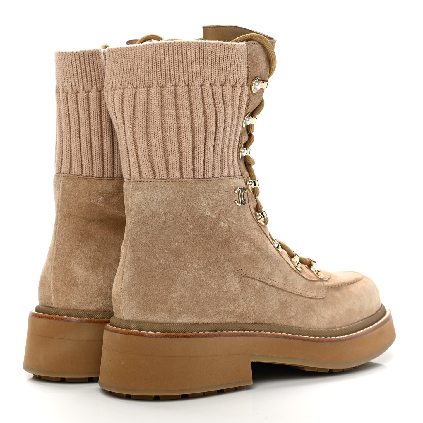 Suede Knit Lace Up Combat Boots 41 Brown