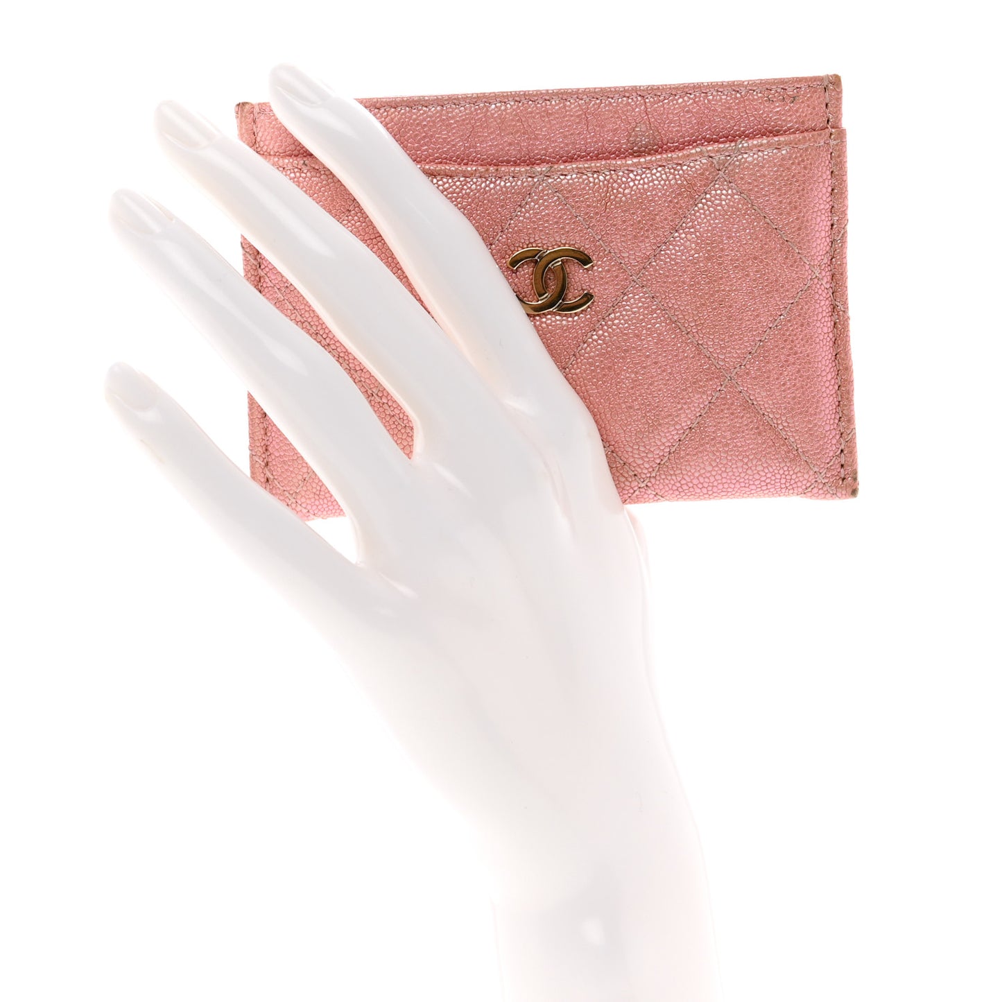 Iridescent Caviar Quilted Card Holder Pink