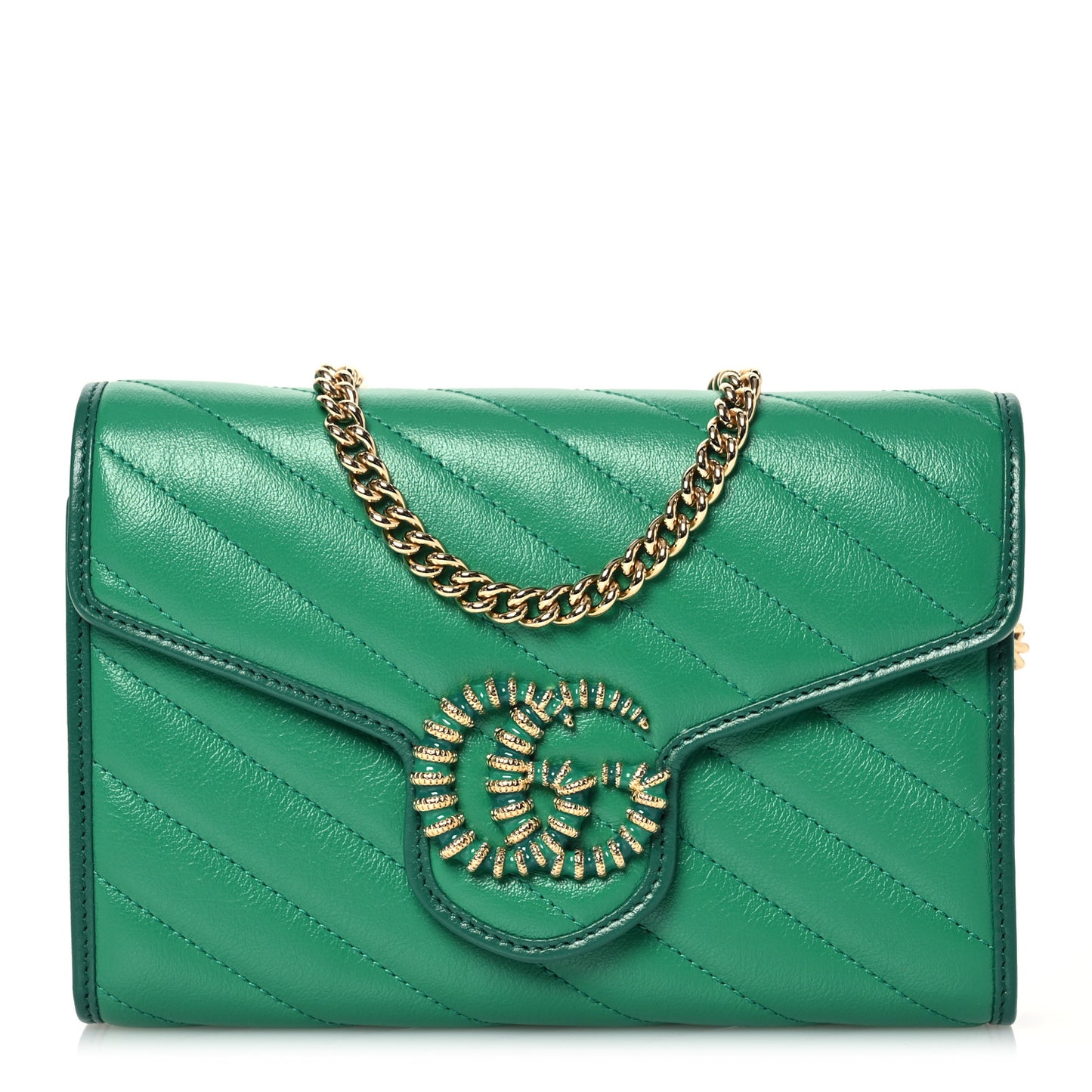 Azalea Calfskin Enamel Matelasse Diagonal Torchon GG Marmont Chain Wallet New Shamrock Emerald