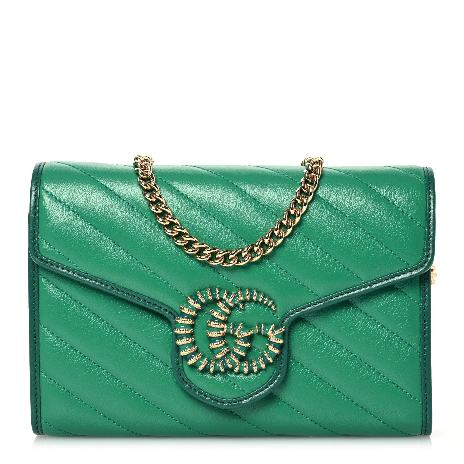 Gucci Azalea Calfskin Enamel Matelasse Diagonal Torchon GG Marmont Chain Wallet New Shamrock Emerald 1 of 13