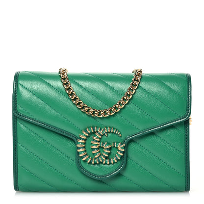 Gucci Azalea Calfskin Enamel Matelasse Diagonal Torchon GG Marmont Chain Wallet New Shamrock Emerald 1 of 13