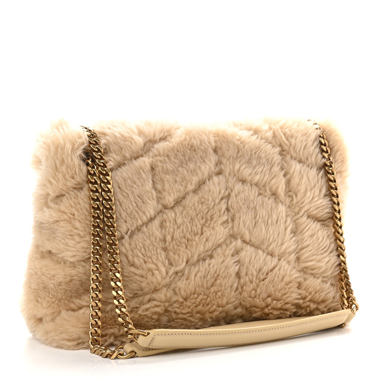 Merino Shearling Lambskin Quilted Small Loulou Puffer Monogram Chain Satchel Natural Beige