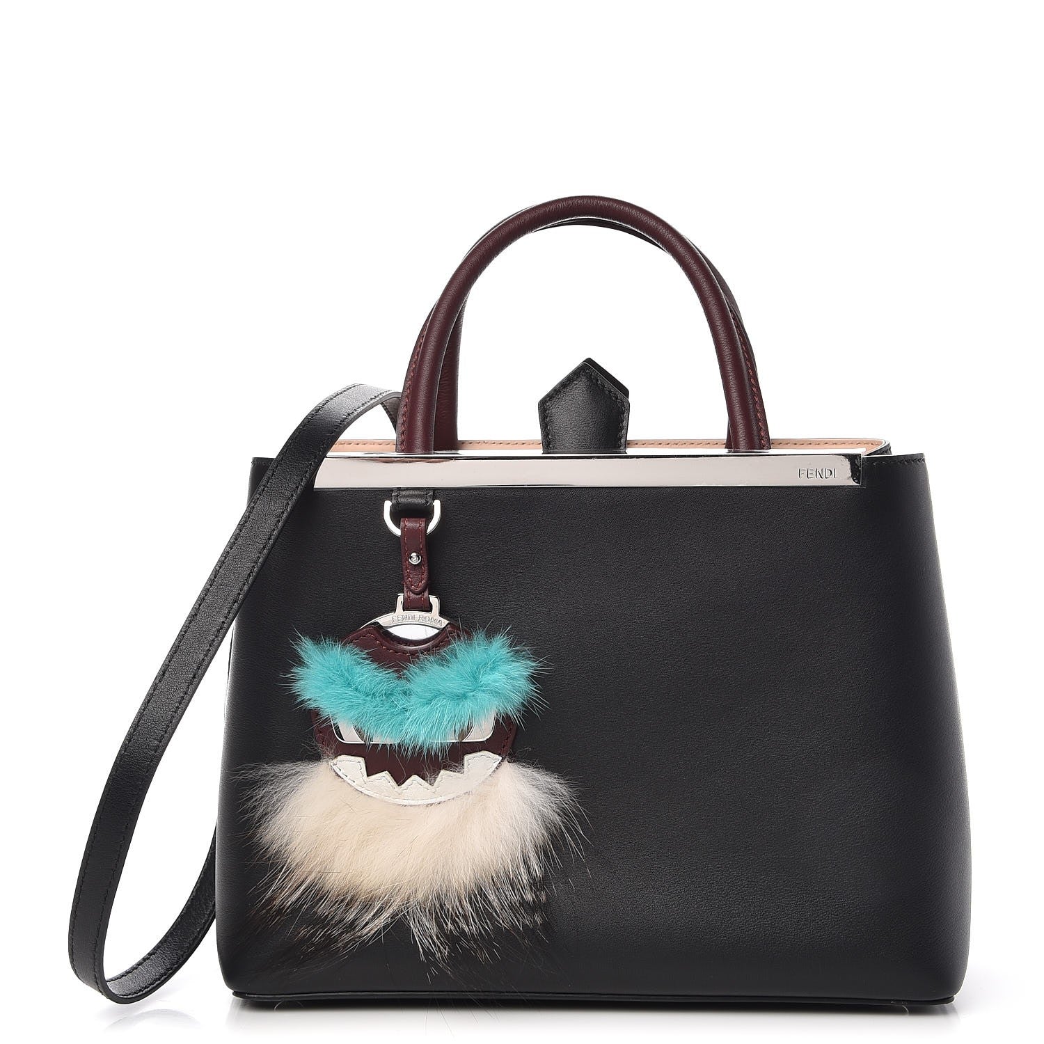 Fendi Vitello Dolce Fox Mink Bi-Color Monster Mirror Charm Petite 2Jours Tote Black Bordeaux Acquamarine 1 of 8