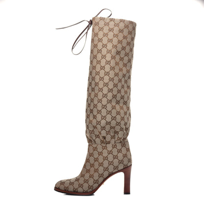 Gucci Monogram Lisa Mid Heel Boots 38 Beige Ebony 1 of 12