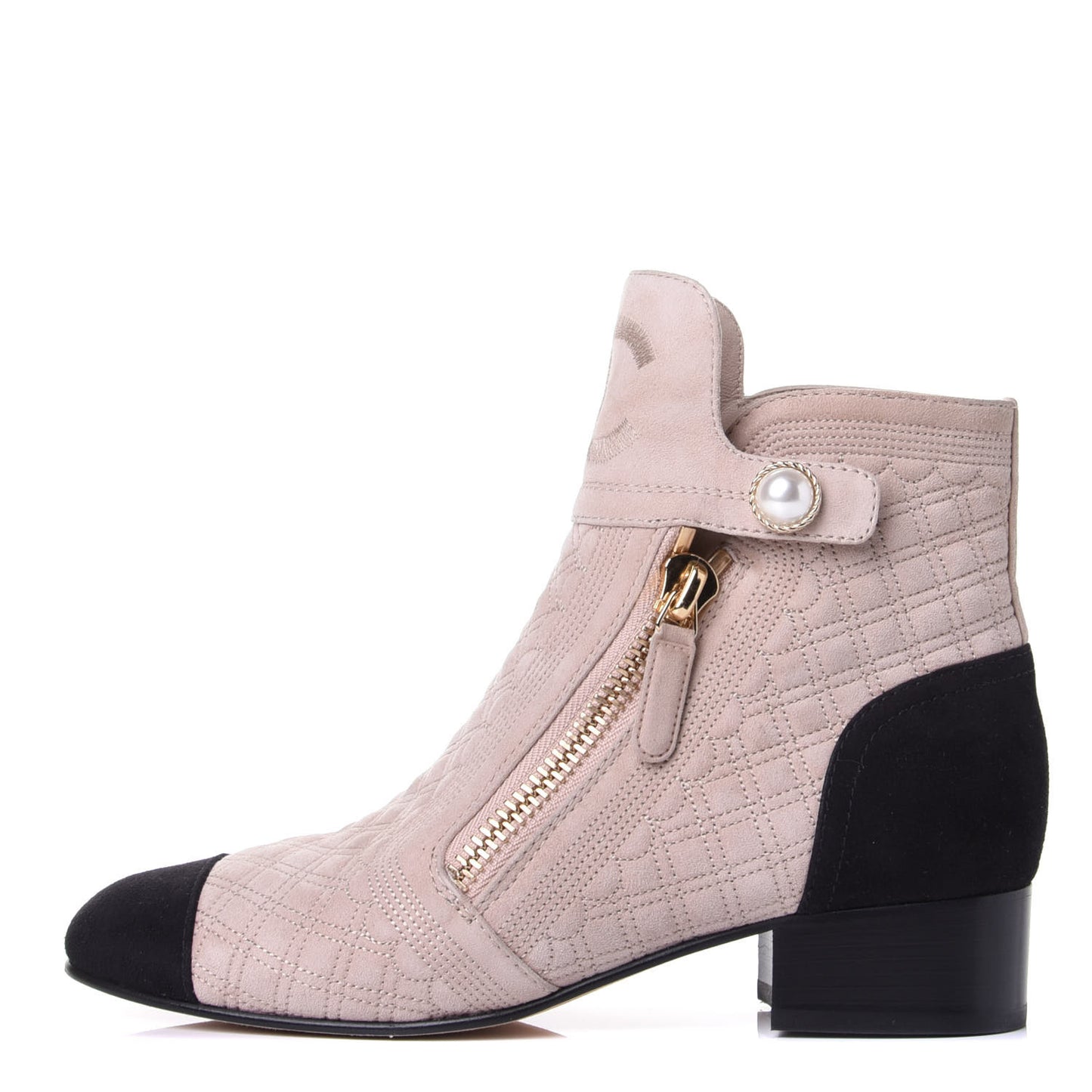 Kid Suede Quilted Cap Toe Short Boots 36.5 Beige Black