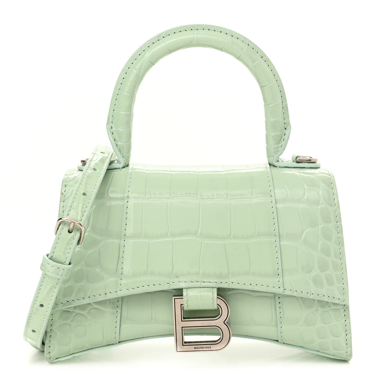 Balenciaga Shiny Calfskin Crocodile Embossed Hourglass Top Handle Bag XS Light Green 1 of 11