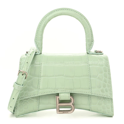 Balenciaga Shiny Calfskin Crocodile Embossed Hourglass Top Handle Bag XS Light Green 1 of 11