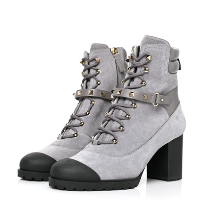Valentino Garavani Suede Rockstud Cap Toe Combat Boots 40 Titanium 3 of 7