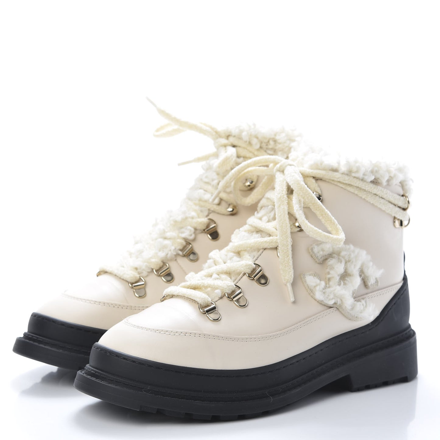 Calfskin Shearling CC Lace Up Boots 38 Light Beige Ivory