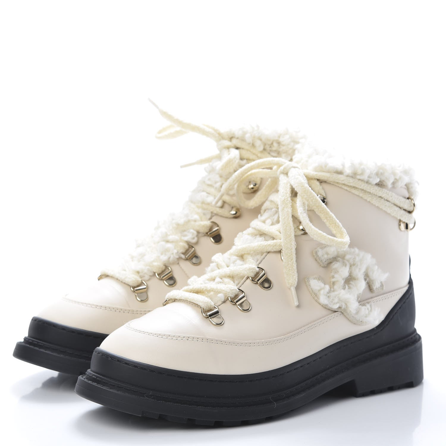 Chanel Calfskin Shearling CC Lace Up Boots 38 Light Beige Ivory 3 of 9