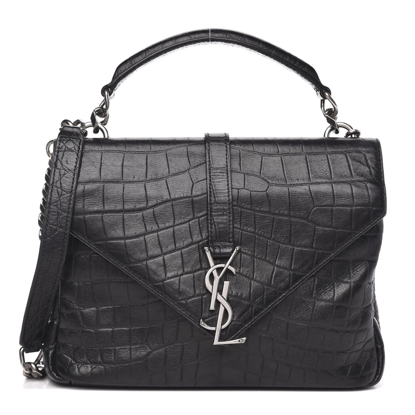 Calfskin Crocodile Embossed Medium College Monogram Satchel Black