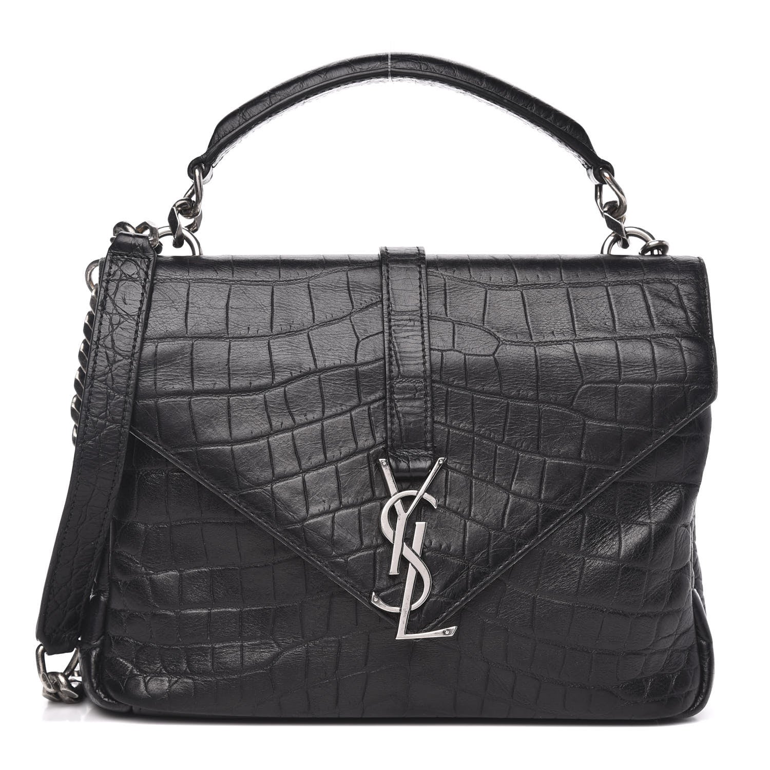 Saint Laurent Calfskin Crocodile Embossed Medium College Monogram Satchel Black 1 of 12