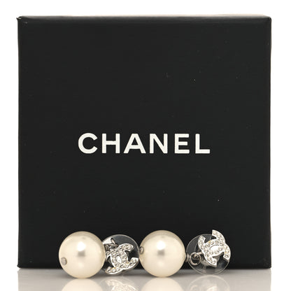 Chanel Crystal Pearl CC Drop Earrings Silver Pearly White 5 of 5