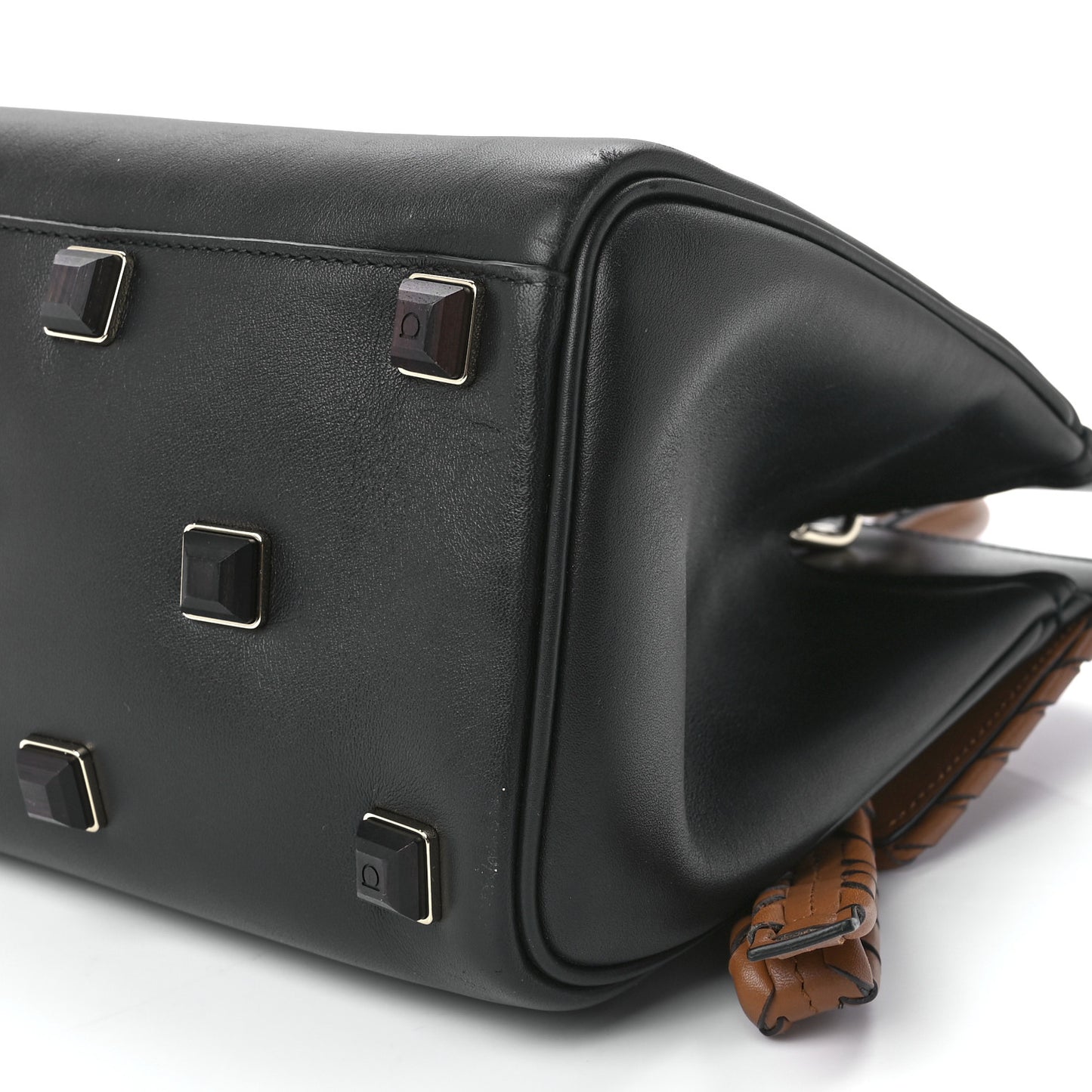 Calfskin Woven Small Studio Top Handle Bag Tan Black