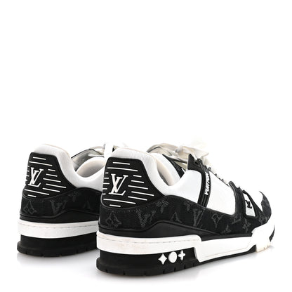 Louis Vuitton Calfskin Embossed Monogram Denim Mens LV Trainer Sneakers 9 Black 5 of 8