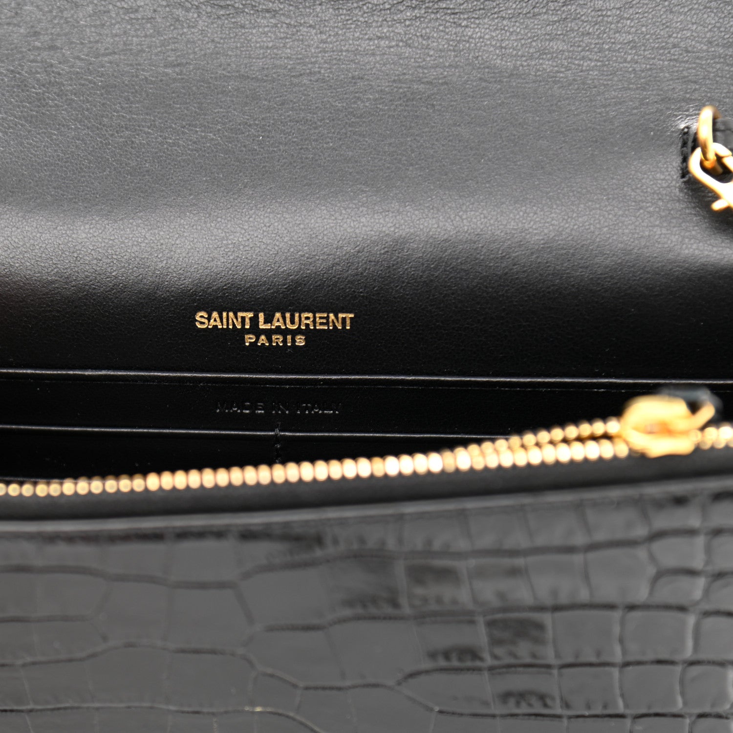 Saint Laurent Calfskin Crocodile Embossed Kate Monogram Tassel Chain Wallet Black 5 of 8
