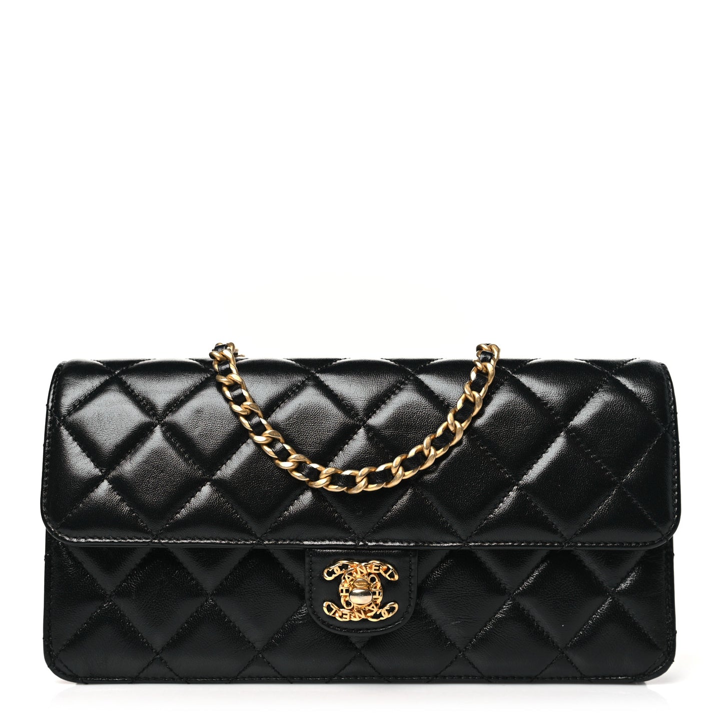 Shiny Lambskin Quilted Flap Clutch Bag Black