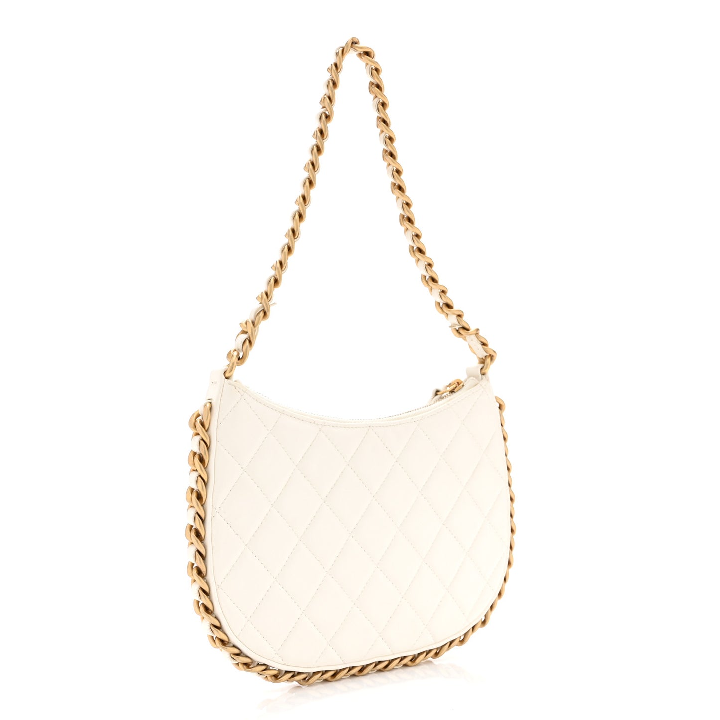 Shiny Crumpled Lambskin Quilted Trendy Chain Around Hobo White