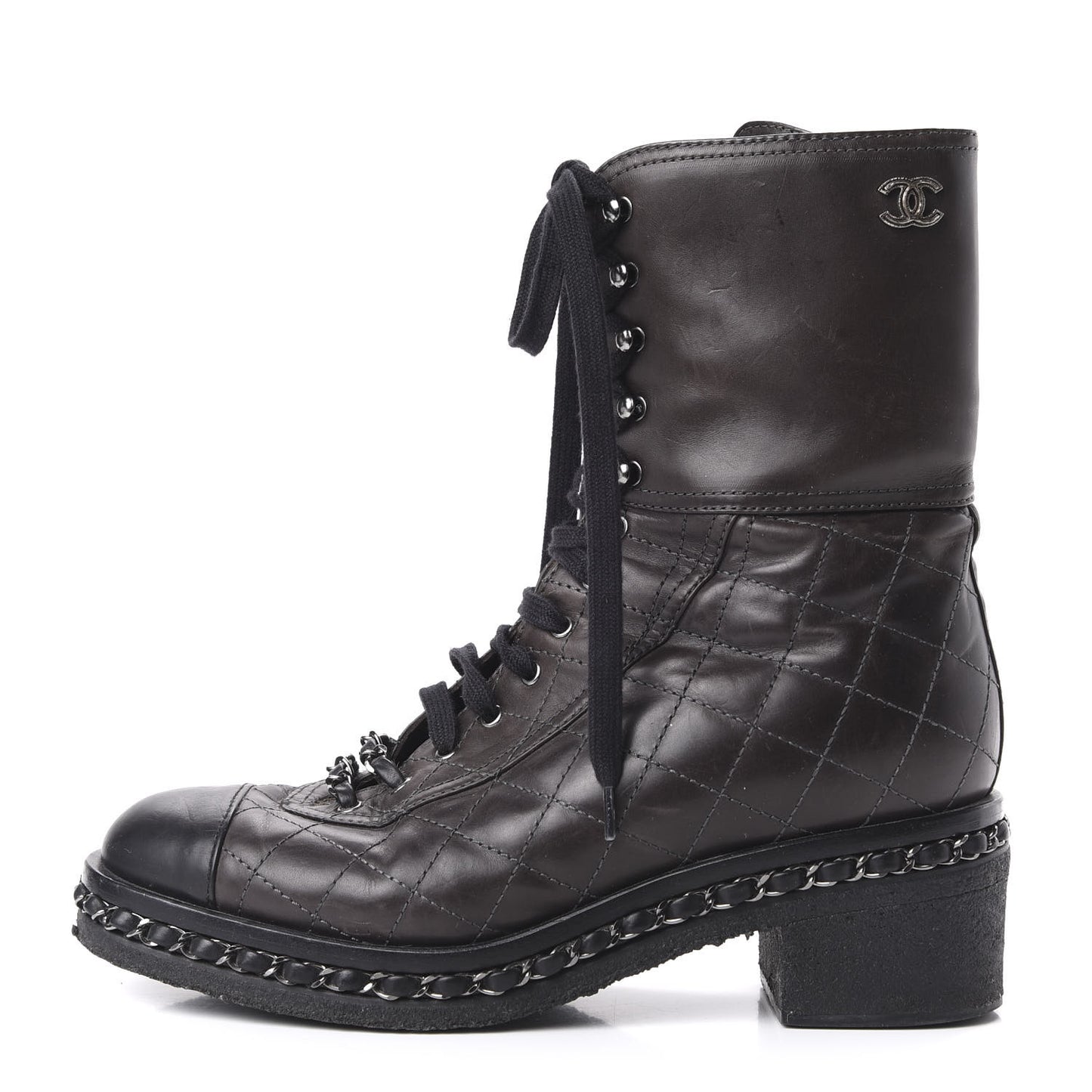 Calfskin Quilted Chain Around Combat Boots 39 Black