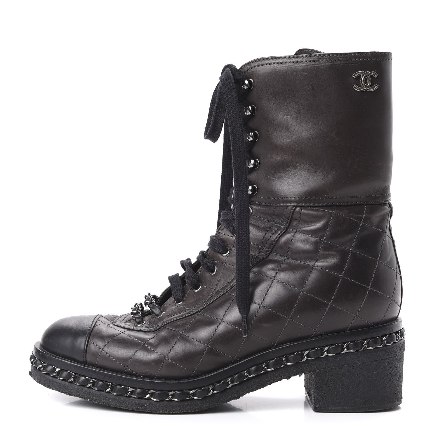Chanel Calfskin Quilted Chain Around Combat Boots 39 Black 1 of 7