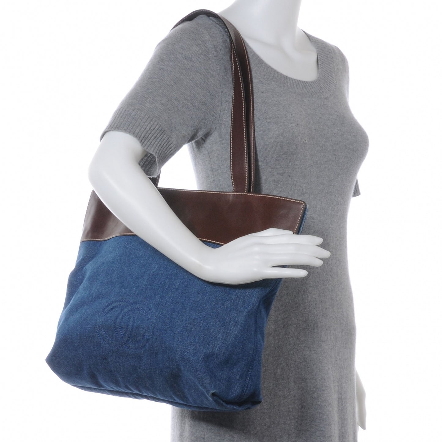 Calfskin Denim Shoulder Bag Brown