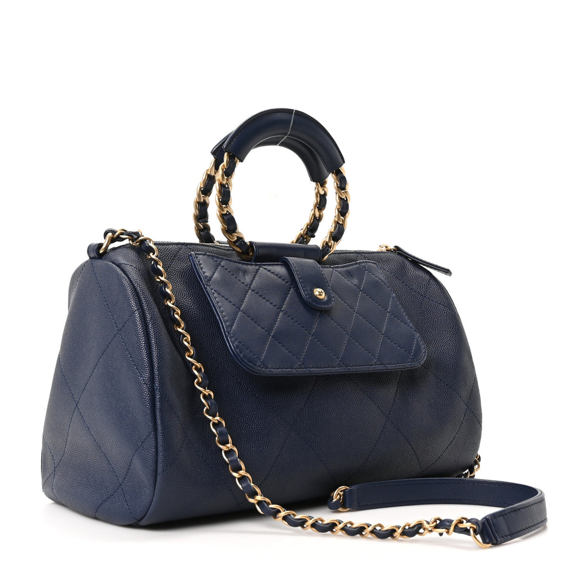 Chanel Grained Calfskin Lambskin Quilted Large Bowling Bag Blue 3 of 10