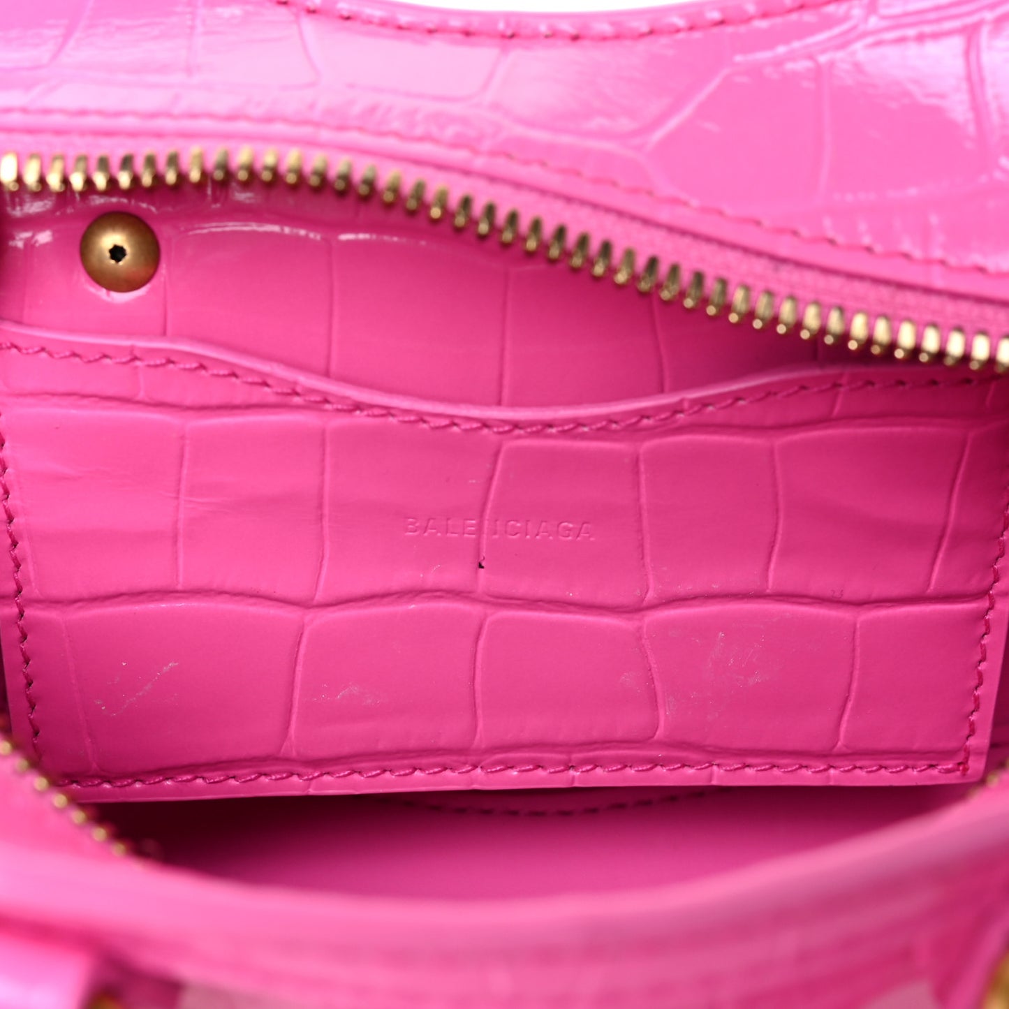 Calfskin Crocodile Embossed Neo Classic Gold Hardware Nano City Crossbody Neon Pink