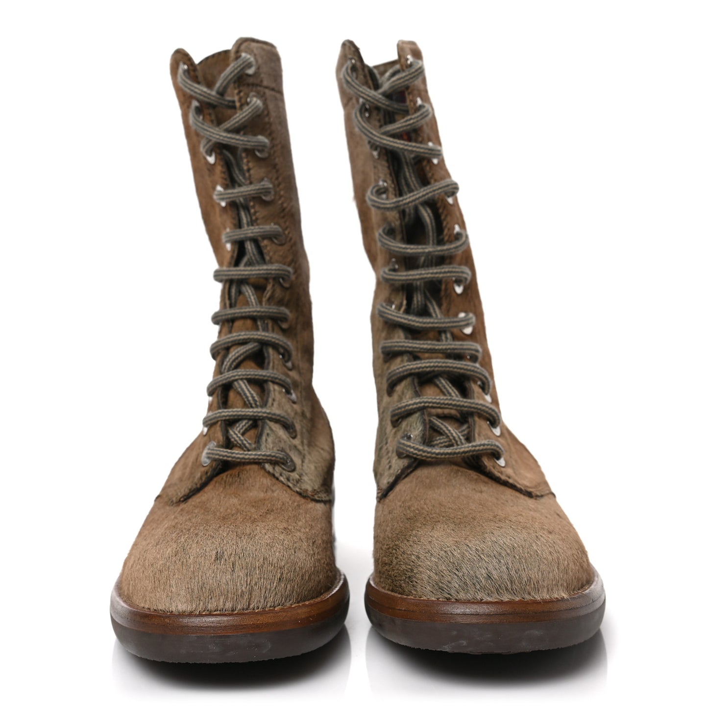 Calfskin Pony Hair Lace Up Combat Boots 37.5 Brown