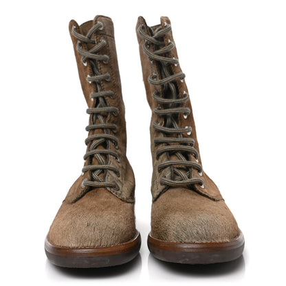 Chanel Calfskin Pony Hair Lace Up Combat Boots 37.5 Brown 2 of 7