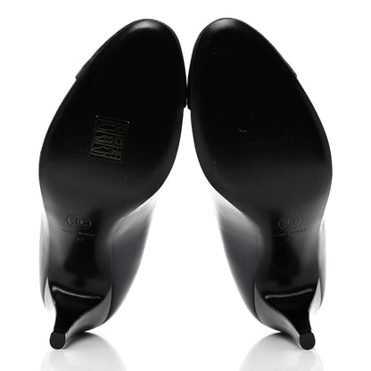 Chanel Shiny Goatskin Cap Toe Mary Jane Pumps 37 Navy Blue Dark Gray 5 of 9