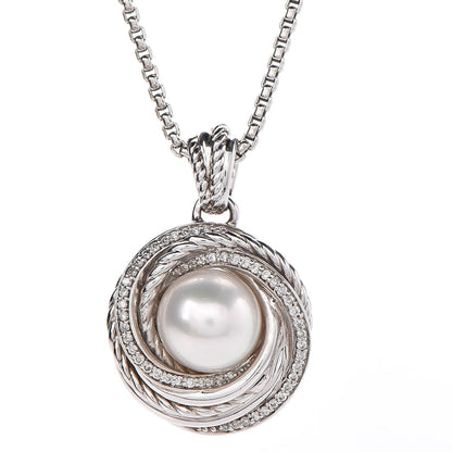 David Yurman Sterling Silver Diamond Pearl 8mm Crossover Pendant Necklace 4 of 8