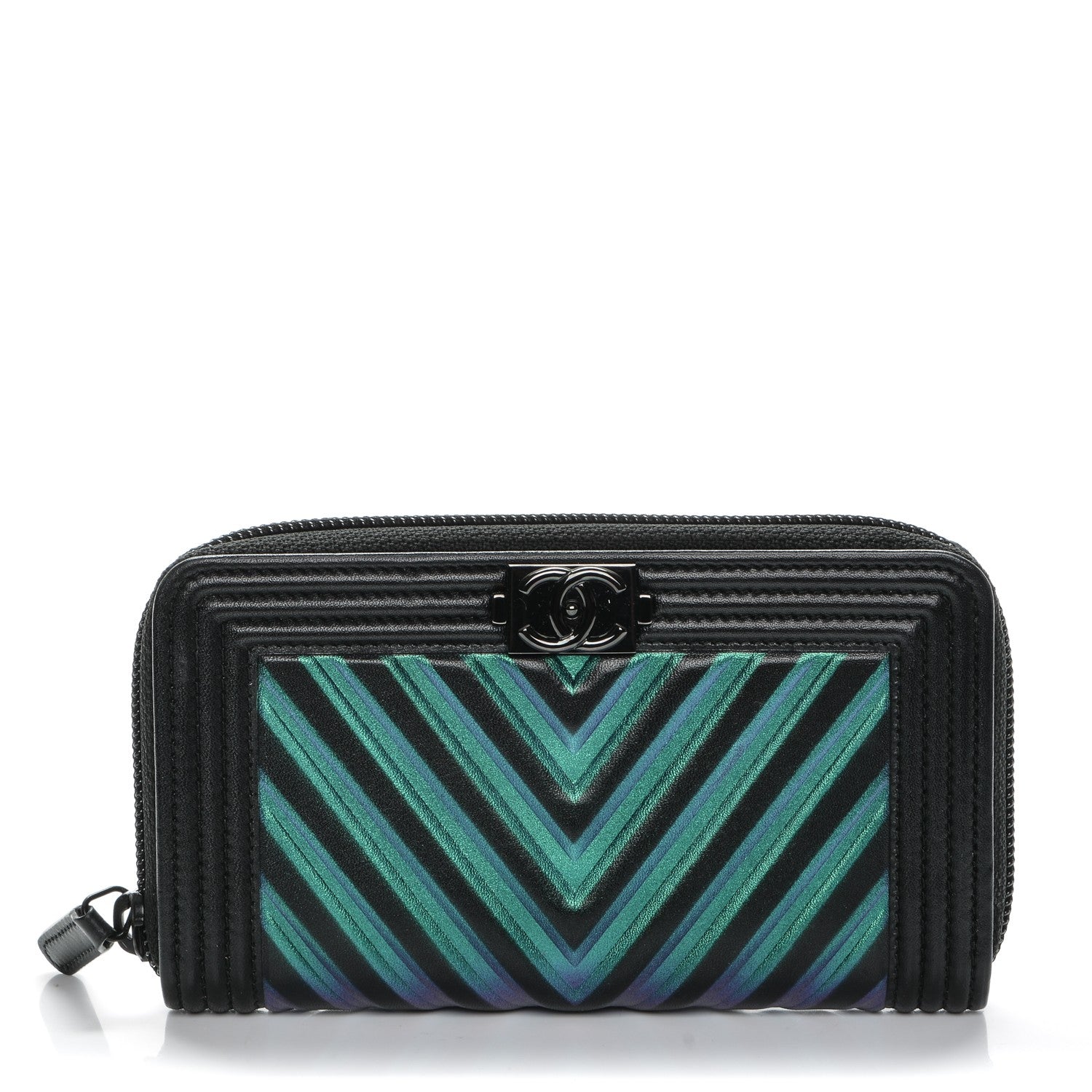 Chanel Calfskin Painted Chevron Embossed Small Boy Zip Wallet Black 1 of 8