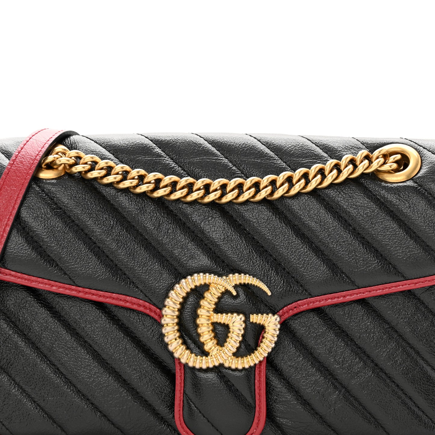 Vintage Effect Calfskin Matelasse Diagonal Small Torchon GG Marmont Shoulder Bag Black Romantic Cherry