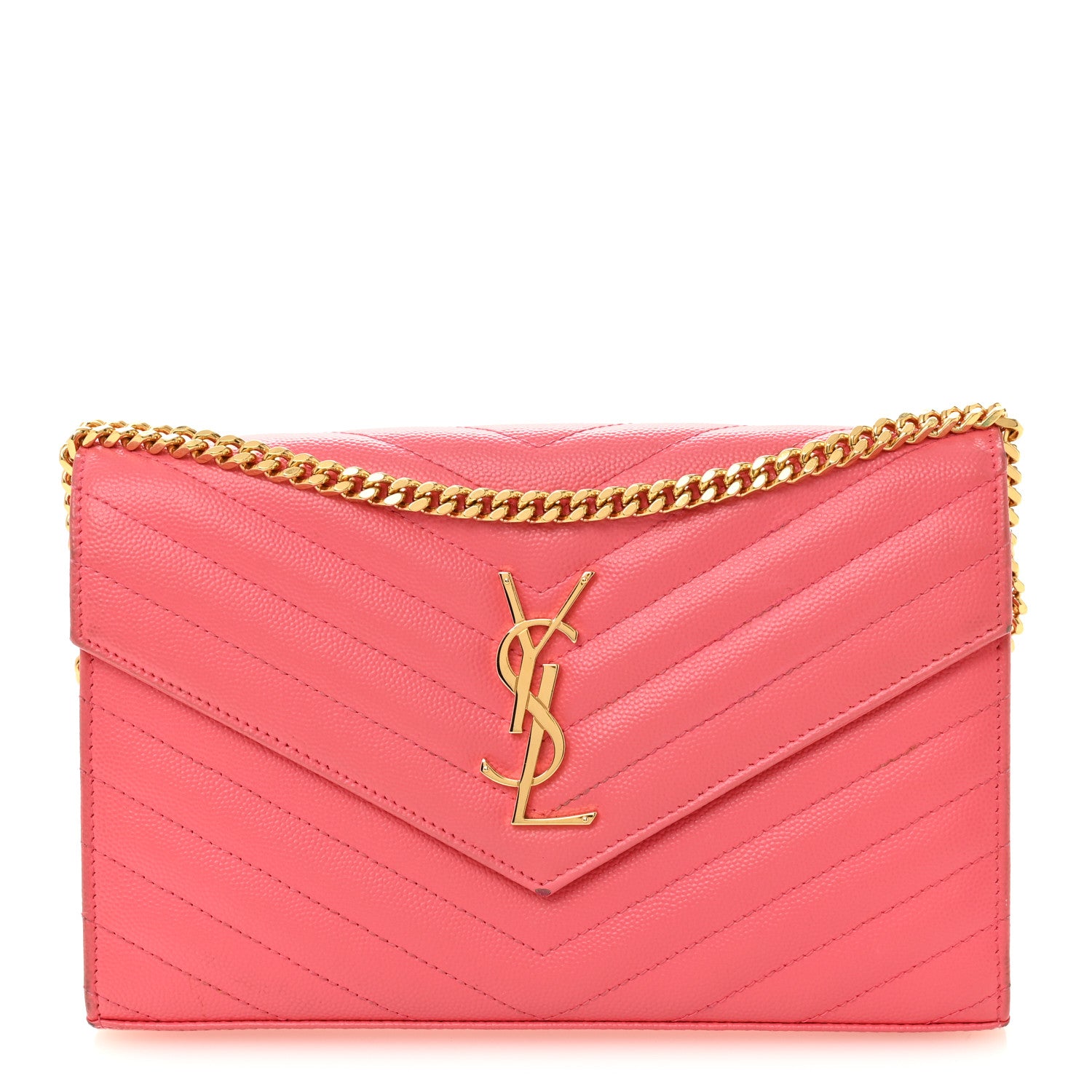 Saint Laurent Grain De Poudre Matelasse Chevron Monogram Chain Wallet Rose Clair 1 of 11