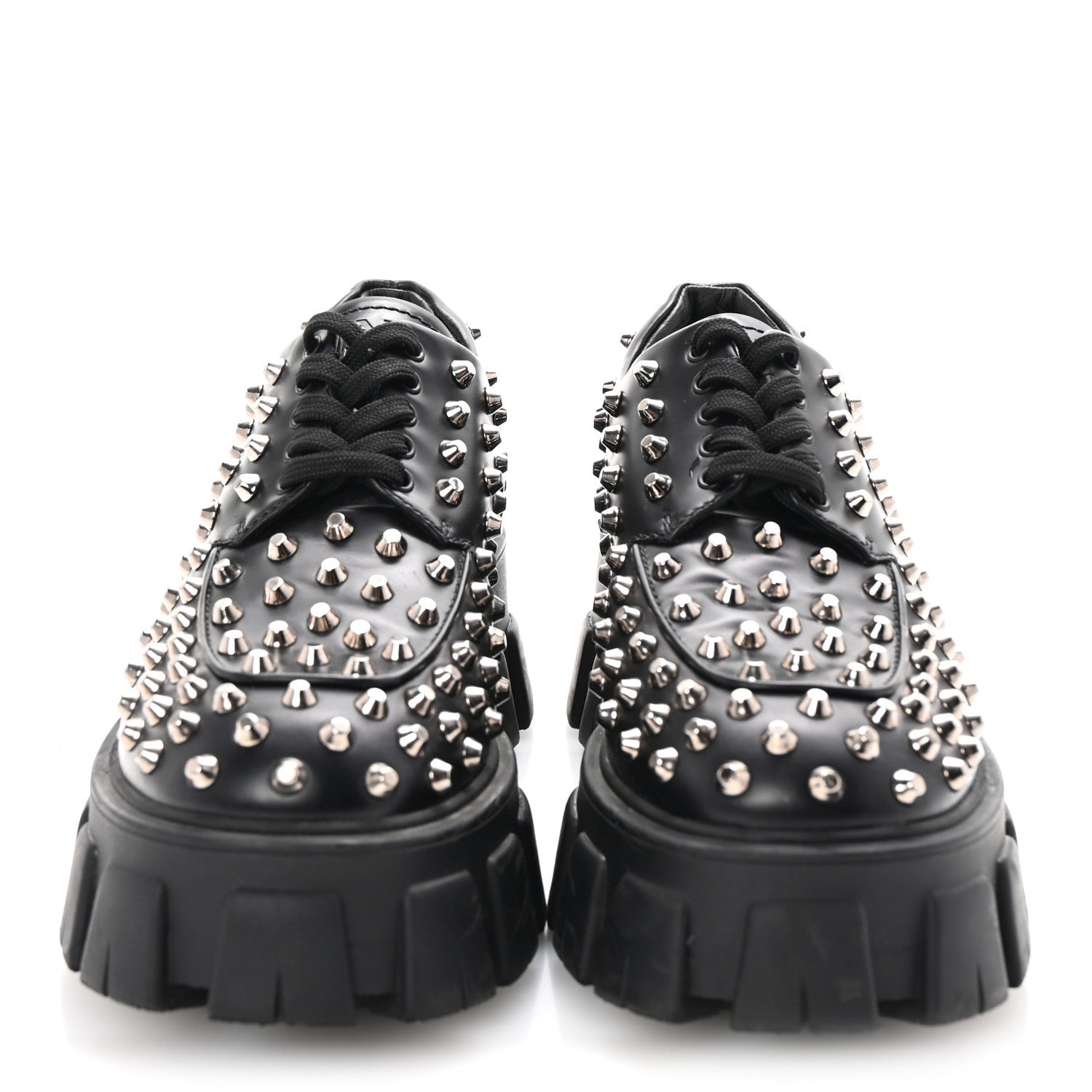 Prada Spazzolato Rois Studded Lace Up Monolith 55mm Derby Loafers