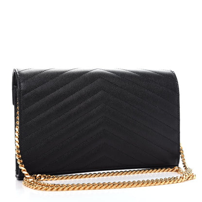 Saint Laurent Grain De Poudre Matelasse Chevron Monogram Chain Wallet Black 3 of 10