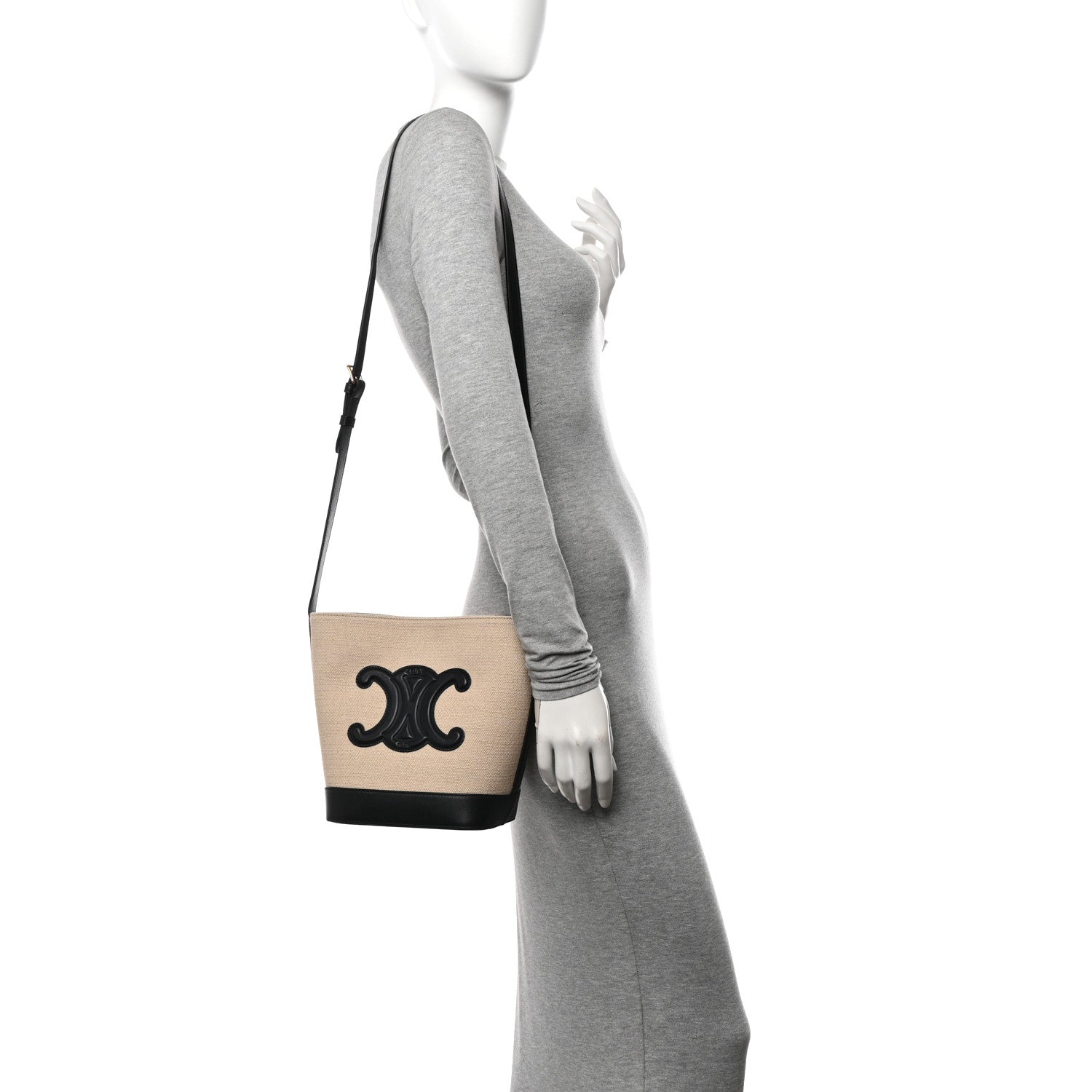 Celine Canvas Calfskin Triomphe Small Bucket Bag Vanilla Black 2 of 10