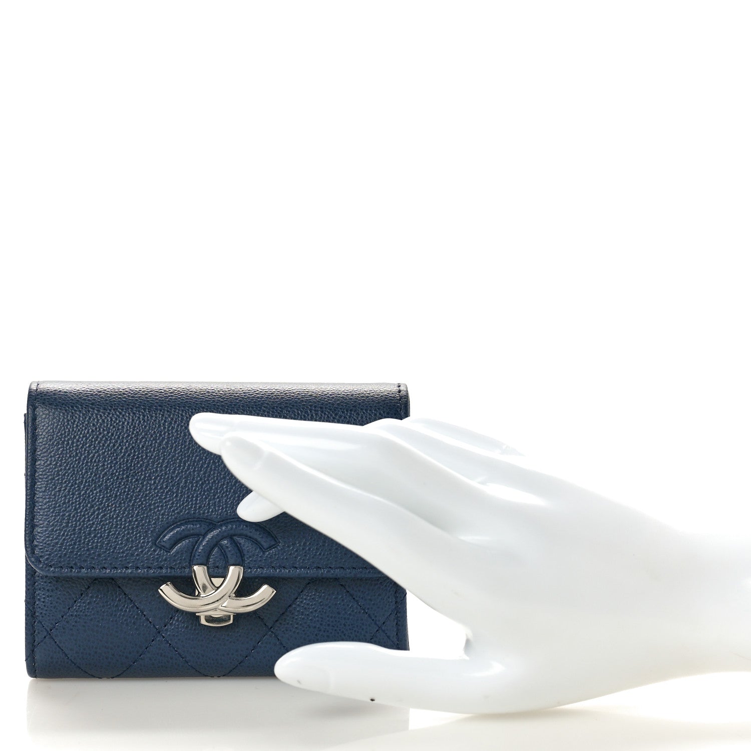 Chanel Grained Calfskin Quilted CC Box Compact Flap Wallet Navy Blue 2 of 8