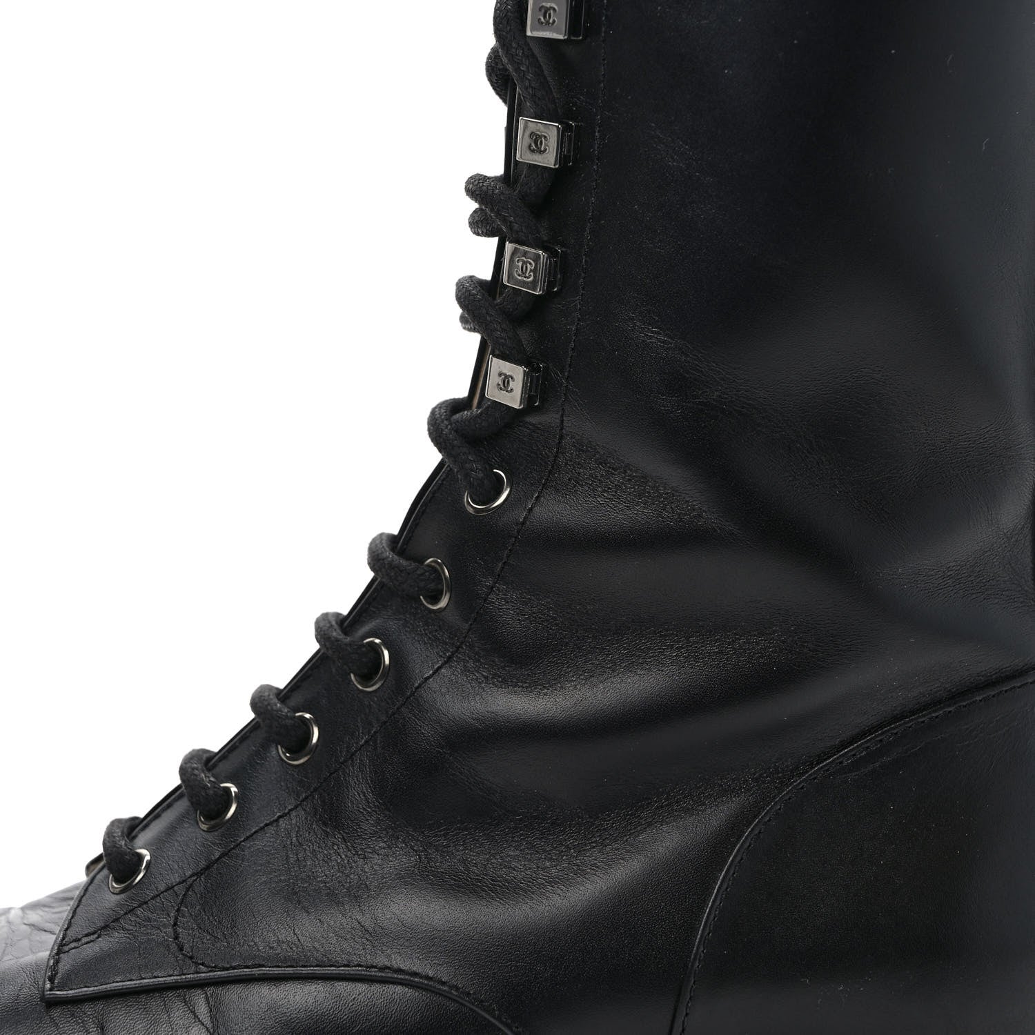 Chanel Crumpled Calfskin Lace Up Combat Boots 37 Black 9 of 10