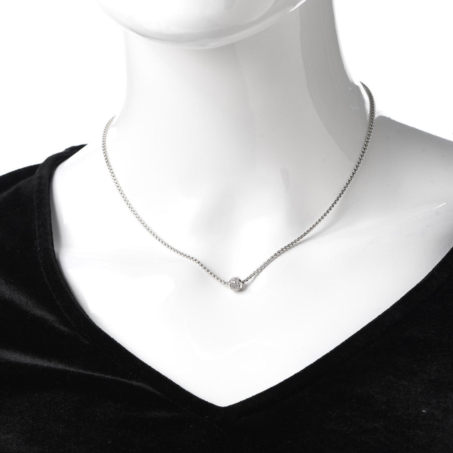 Sterling Silver 18K White Gold Diamond Pave Ball Pendant Necklace