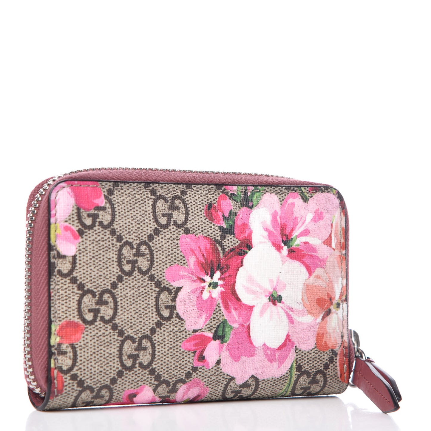 GG Supreme Monogram Blooms Zip Around Card Case Wallet Beige Multicolor Dry Rose