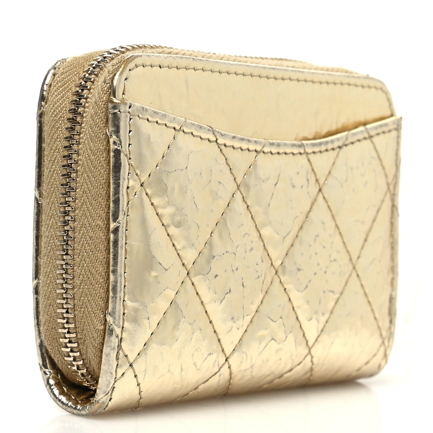 Hammered Metallic Calfskin Quilted Zip Coin Purse Gold