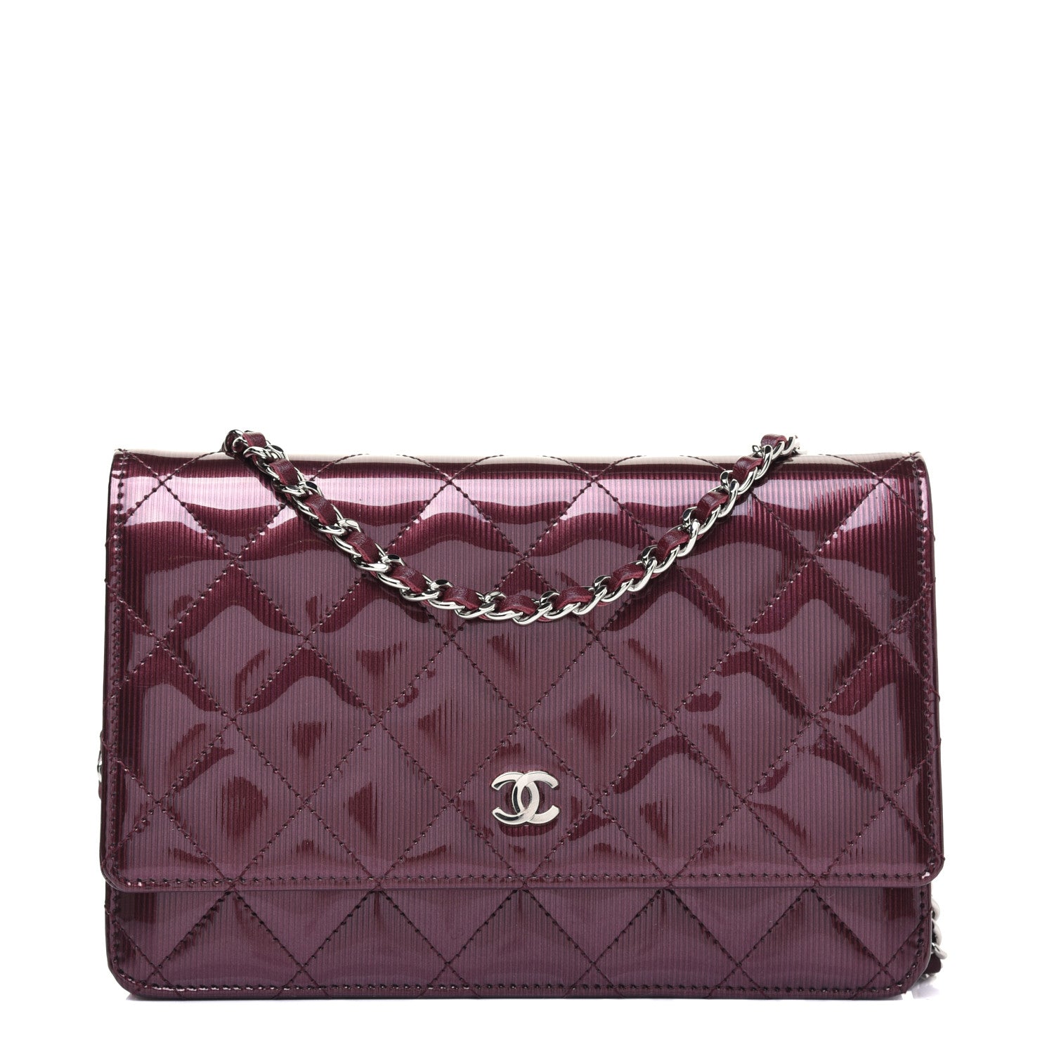 Chanel Striated Patent Quilted Wallet on Chain WOC Bordeaux 1 of 15